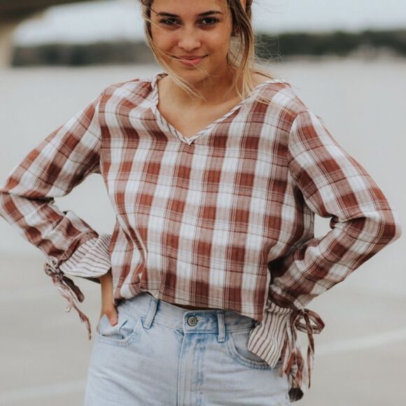 Crescent double gauze, brown and white plaid with striped trim blouse small - Picture 1 of 9